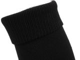 the sock is black and has a white label on it