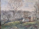 une image représentant une peinture d'une ferme avec des arbres au premier plan