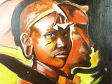 a painting of a woman in a helmet with a sword