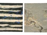 deux tableaux représentant des rayures noires et blanches sur fond blanc