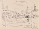 dessin représentant une ville avec de nombreux bâtiments et des gens qui se promènent