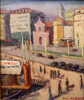 tableau représentant une scène urbaine où l'on voit des gens marcher sur le trottoir