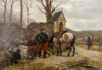 un tableau représentant un groupe d'hommes avec des chevaux dans un champ