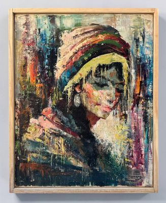 une peinture à l'huile représentant une femme coiffée d'un chapeau coloré