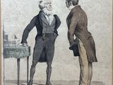 an old drawing of a man and a woman standing next to each other
