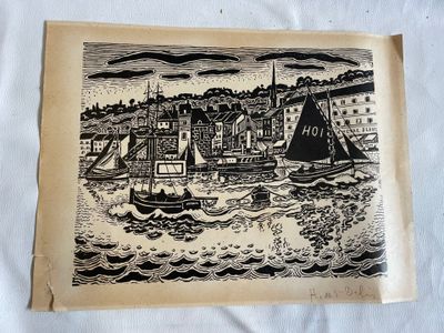 un dessin en noir et blanc représentant des bateaux sur l'eau