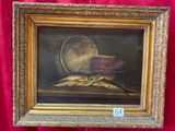 une peinture à l'huile représentant un poisson et un bol posés sur une table