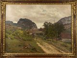 an image of a painting of a rural landscape with a dirt road in the foreground and mountains in the background