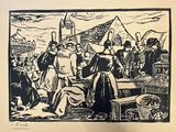 illustration of a black and white drawing of a group of people on a boat