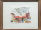 framed watercolor painting of a city skyline with a bird flying over it