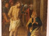 un vieux tableau représentant un homme debout à côté d'une femme dans une pièce