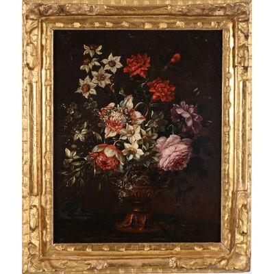 une peinture à l'huile représentant des fleurs dans un vase sur une table