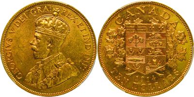 une pièce d'or « sovereign » représentant une couronne au recto et une couronne au verso