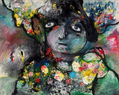 a painting of a woman holding a bouquet of flowers
