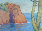 a painting of a rock formation in the water