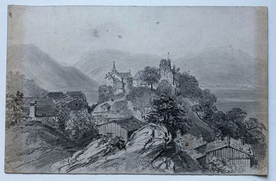 un vieux dessin en noir et blanc représentant un château au sommet d'une colline