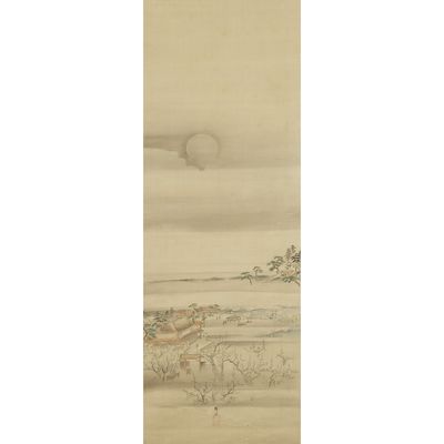 an oriental painting of a landscape with sheep and trees