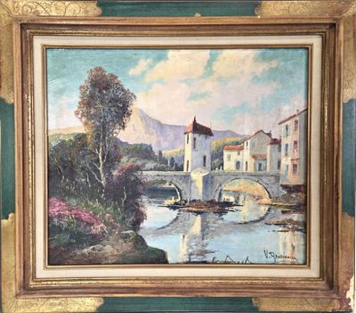 une peinture à l'huile représentant un pont sur une rivière avec des bâtiments à l'arrière-plan