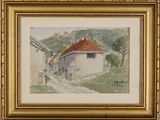 an image of a painting of a house with a red roof in a gold frame