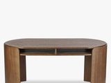an oval coffee table with a shelf on top of it