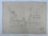 an old drawing of a building with a clock tower in the background