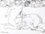 une image représentant le dessin d'une femme allongée par terre à côté d'un cheval
