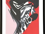 tableau représentant un homme sur un skateboard, sur un fond rouge et noir