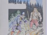 drawing of two men in a forest with trees and a full moon in the background