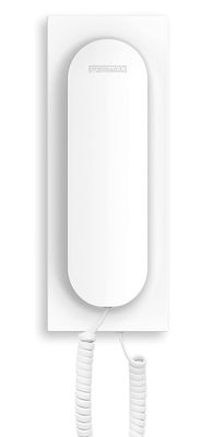 a close up of a white telephone on a white wall