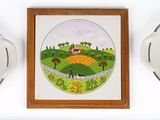 a picture of a picture of a farm with animals on it