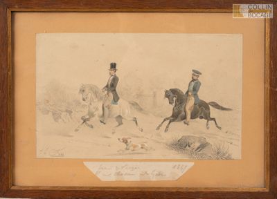 tableau représentant deux hommes à cheval et un chien dans un paysage enneigé