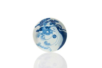 une image représentant une assiette bleue et blanche ornée de vagues