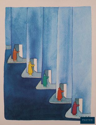 une illustration représentant un groupe de personnes montant un escalier