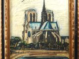 tableau représentant une église avec un pont devant