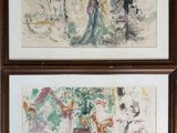 two framed paintings of people and a dog in a room