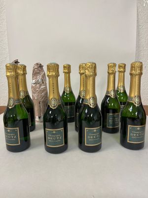 six bottles of champagne lined up on a table with a cat figurine in the background