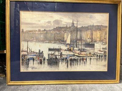 framed picture of a painting of a harbor scene with boats in the water