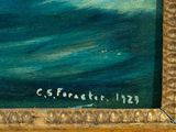 an image of a painting of a boat in the ocean with a name written on it