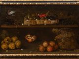 an oil painting of fruit and vegetables on a shelf in a room