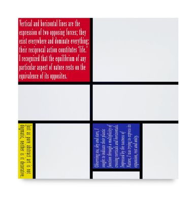 a white book with red, blue and yellow squares on it