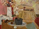 une peinture représentant un panier posé sur une table à côté d'une assiette de nourriture