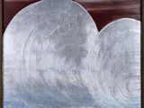 abstract painting of two white clouds on a blue and red background