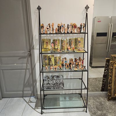 une étagère en verre sur laquelle sont disposées des figurines, dans une pièce