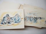 two drawings of a man and a woman sitting on a beach