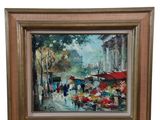 une peinture à l'huile représentant une scène de rue avec des personnes marchant dans la rue