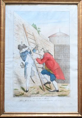 painting of a man climbing a ladder with another man on the other side