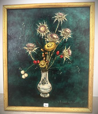 a painting of flowers in a vase on a table