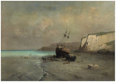 tableau représentant un bateau sur une plage, près d'une falaise