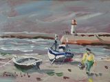 tableau représentant deux bateaux posés sur une plage de sable