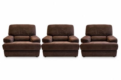 three brown recliners sitting side by side on a white background